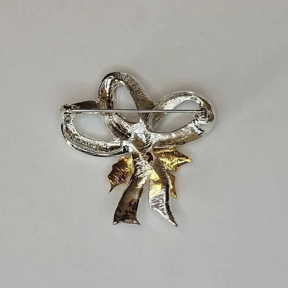 Holiday Christmas Ribbon Bow Silver-Tone with Gold-Tone Leaf Brooch Pin